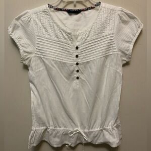White Pintuck Button-Front Blouse with Drawstring Waist
